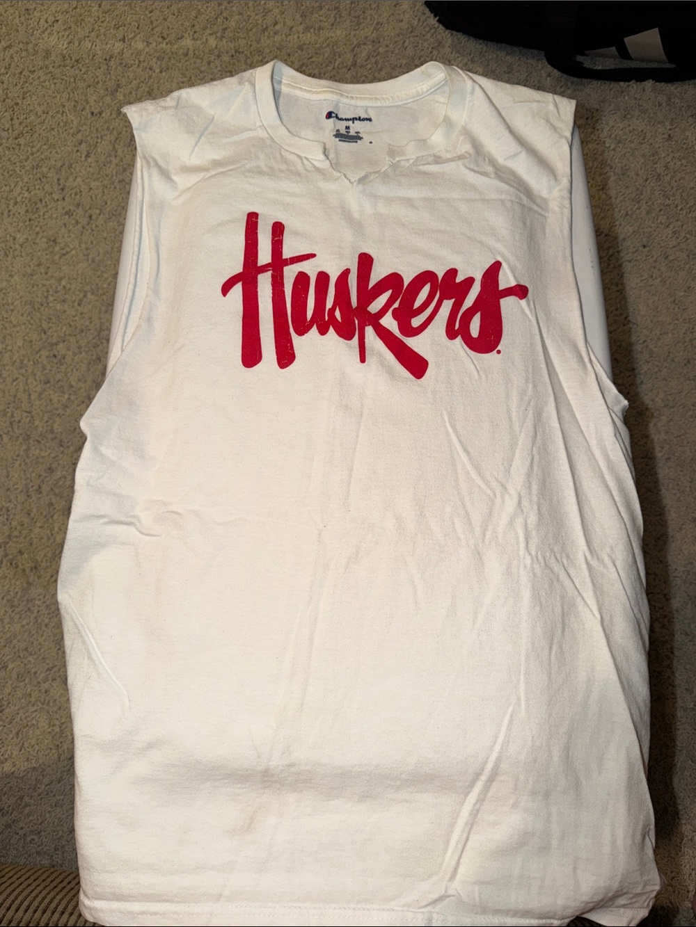 Champion White 'Huskers' Sleeveless Tee - Red Script cut off